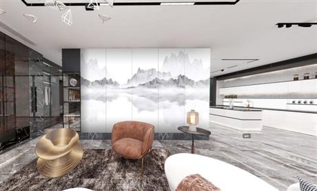 山水画岩板电视背景墙